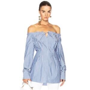 TIBI Women’s Garçon Blue and White Striped Off the Shoulder Tunic Top